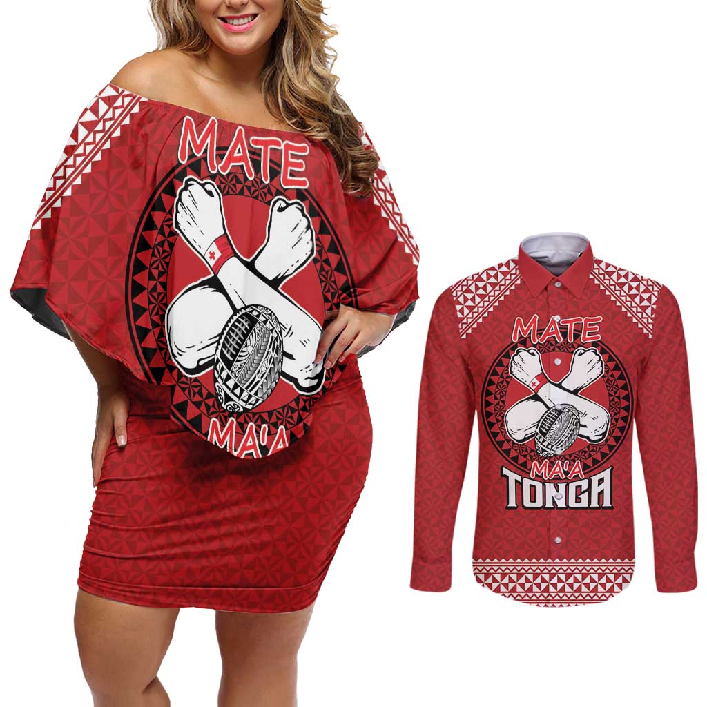 Tonga Rugby XIII Custom Couples Matching Off Shoulder Short Dress and Long Sleeve Button Shirt Mate Ma'a Tonga with Ngatu Pattern