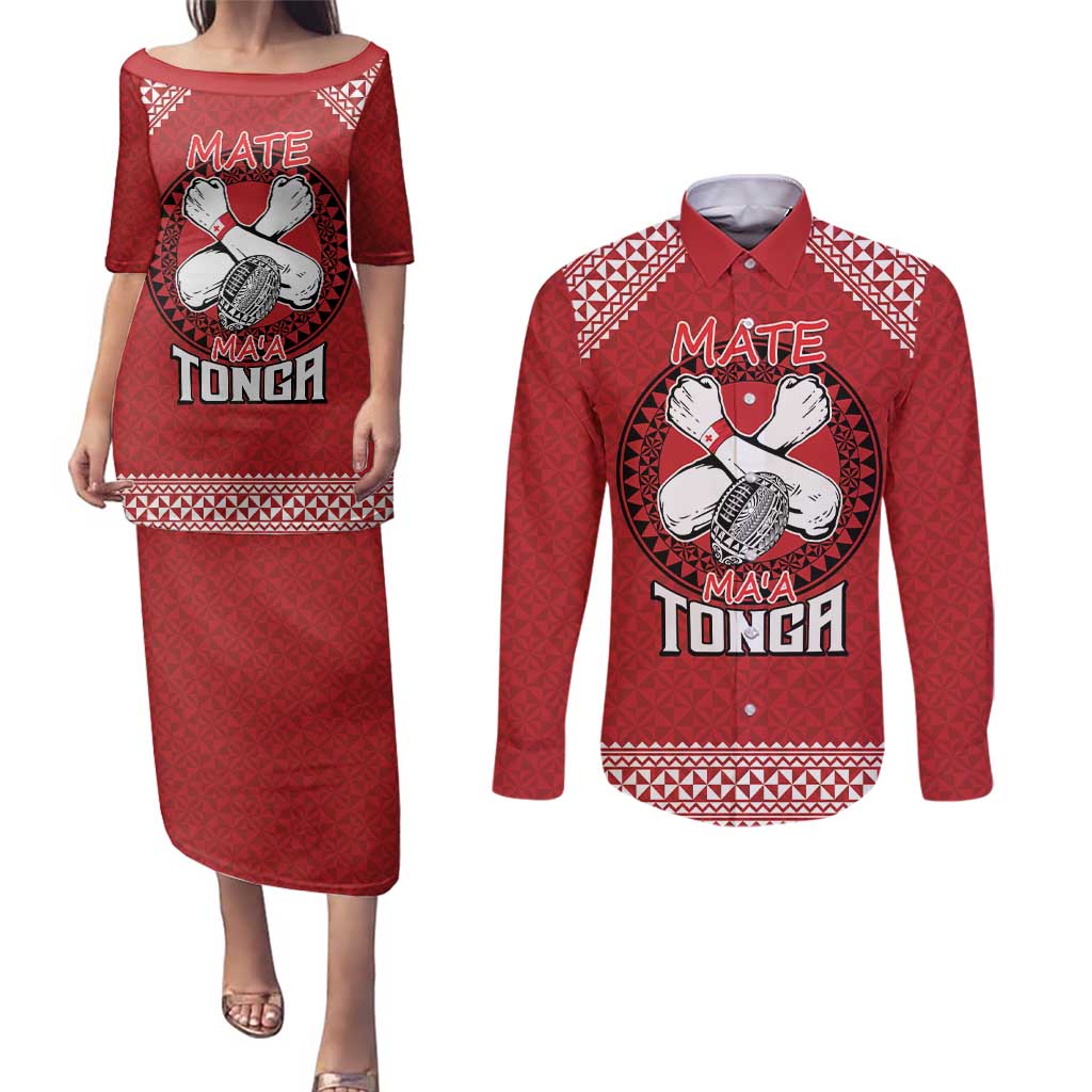 Tonga Rugby XIII Custom Couples Matching Puletasi and Long Sleeve Button Shirt Mate Ma'a Tonga with Ngatu Pattern