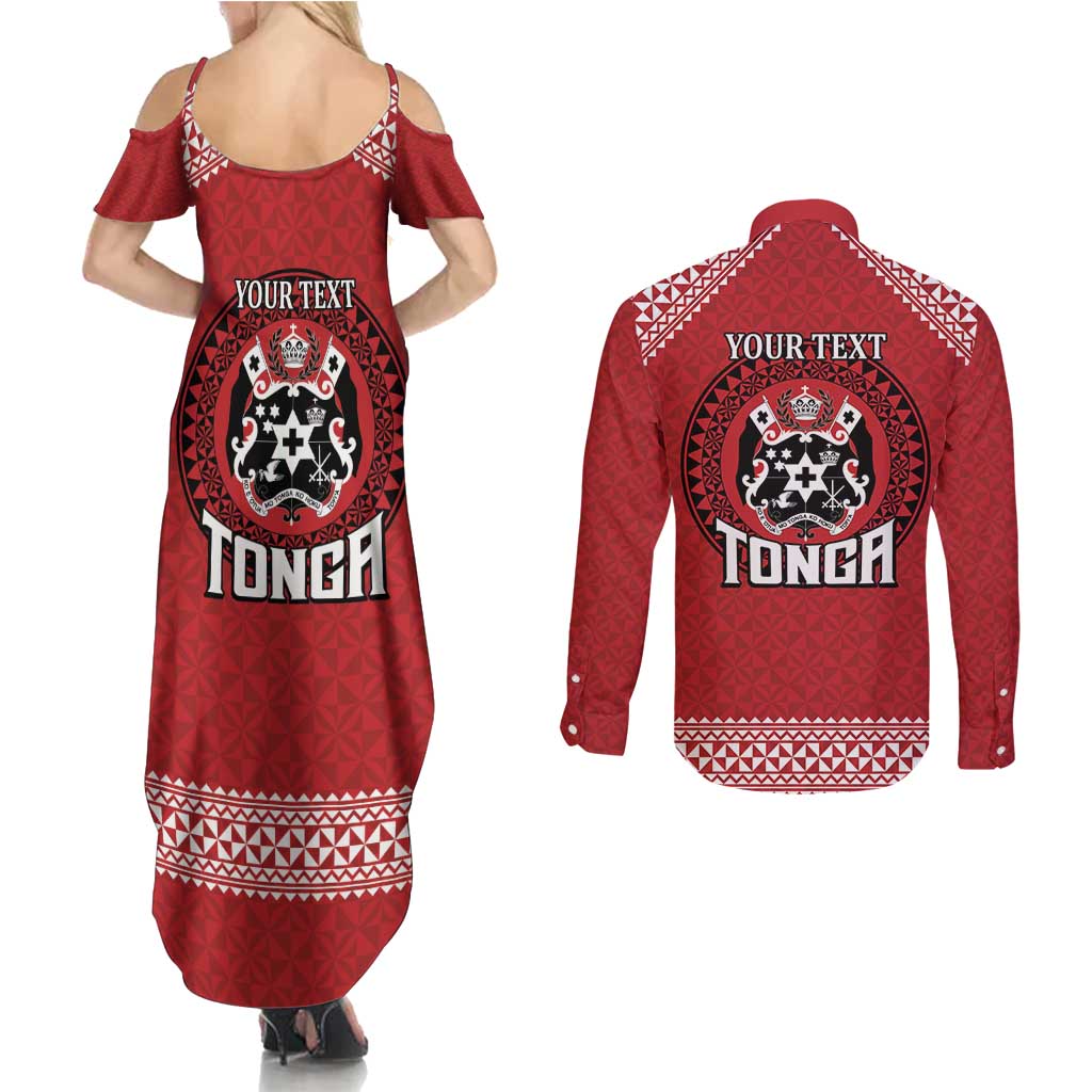 Tonga Rugby XIII Custom Couples Matching Summer Maxi Dress and Long Sleeve Button Shirt Mate Ma'a Tonga with Ngatu Pattern