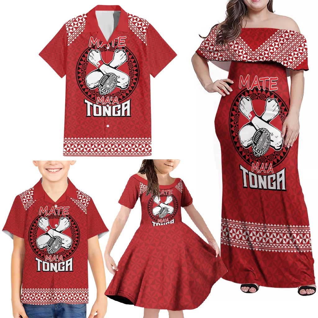 Tonga Rugby XIII Custom Family Matching Off Shoulder Maxi Dress and Hawaiian Shirt Mate Ma'a Tonga with Ngatu Pattern