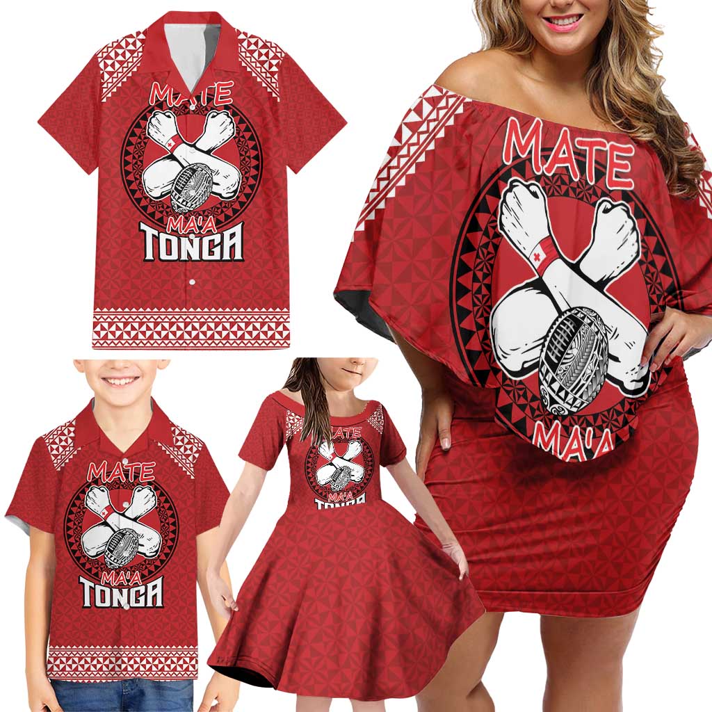 Tonga Rugby XIII Custom Family Matching Off Shoulder Short Dress and Hawaiian Shirt Mate Ma'a Tonga with Ngatu Pattern