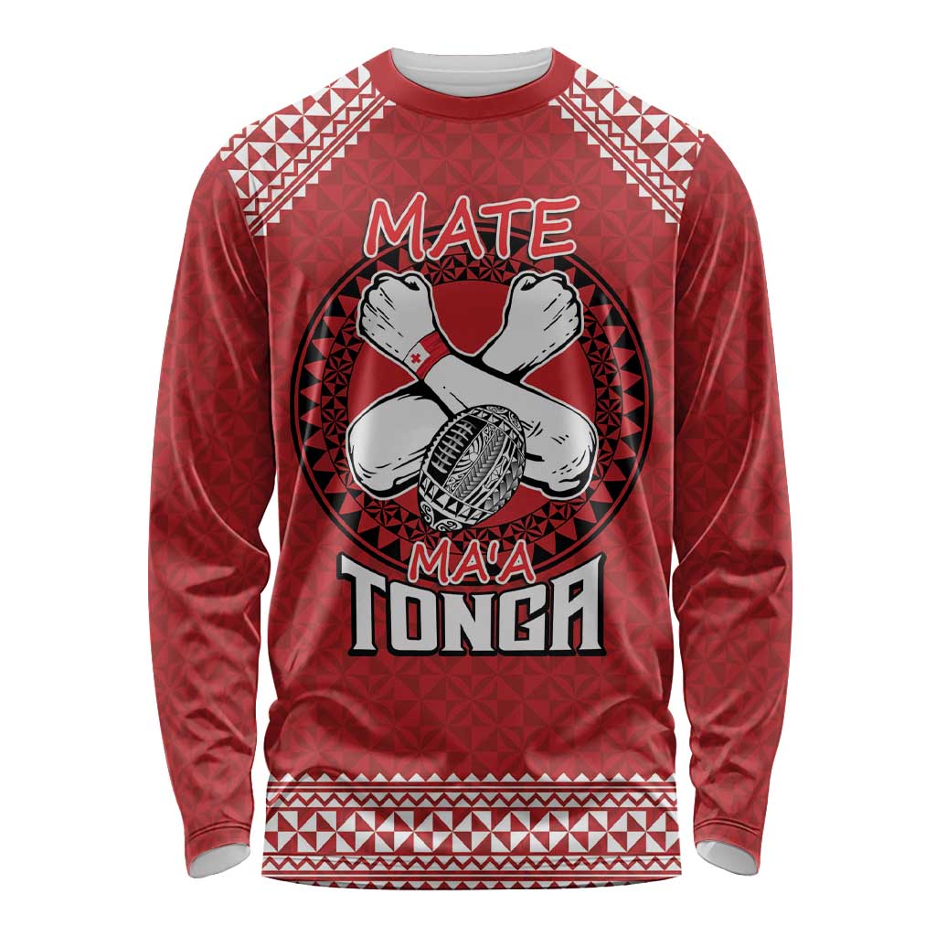 Tonga Rugby XIII Custom Long Sleeve Shirt Mate Ma'a Tonga with Ngatu Pattern