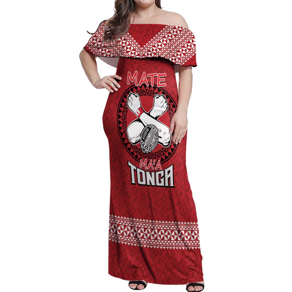 Tonga Rugby XIII Custom Off Shoulder Maxi Dress Mate Ma'a Tonga with Ngatu Pattern