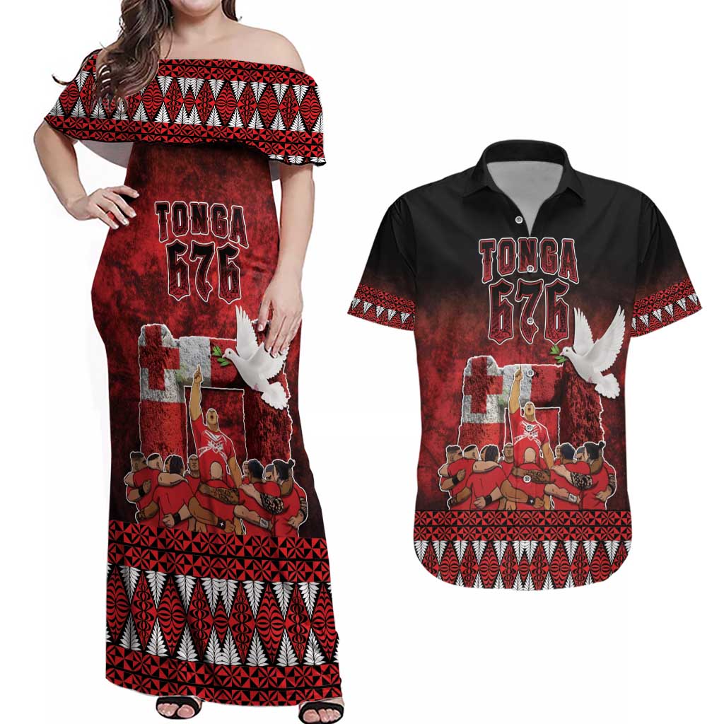 Custom Tonga 676 Haamonga a Maui Couples Matching Off Shoulder Maxi Dress and Hawaiian Shirt Tongan Sipi Tau Unique Dance LT9 Red - Polynesian Pride