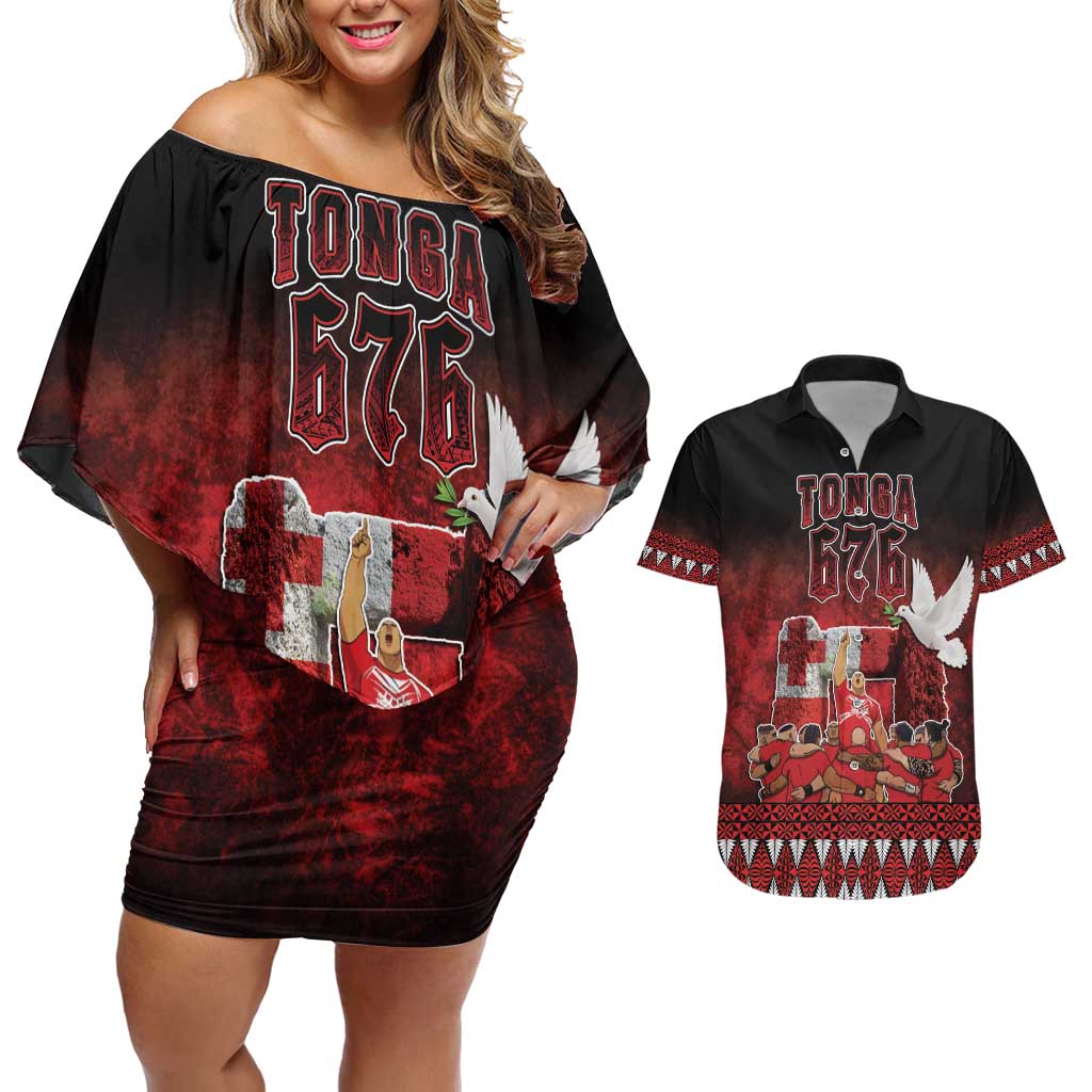 Custom Tonga 676 Haamonga a Maui Couples Matching Off Shoulder Short Dress and Hawaiian Shirt Tongan Sipi Tau Unique Dance LT9 Red - Polynesian Pride