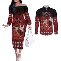 Custom Tonga 676 Haamonga a Maui Couples Matching Off The Shoulder Long Sleeve Dress and Long Sleeve Button Shirt Tongan Sipi Tau Unique Dance LT9 Red - Polynesian Pride