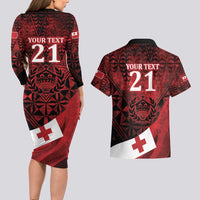 Custom Tonga XIII Rugby Tribal Tattoo Couples Matching Long Sleeve Bodycon Dress and Hawaiian Shirt Mate Ma'a Tonga Kupesi Ngatu Grunge Style