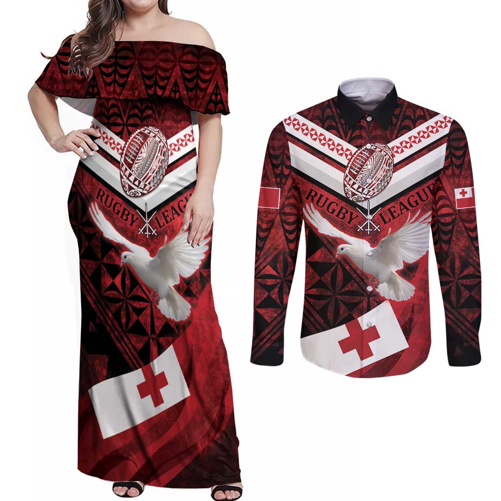 Custom Tonga XIII Rugby Tribal Tattoo Couples Matching Off Shoulder Maxi Dress and Long Sleeve Button Shirt Mate Ma'a Tonga Kupesi Ngatu Grunge Style