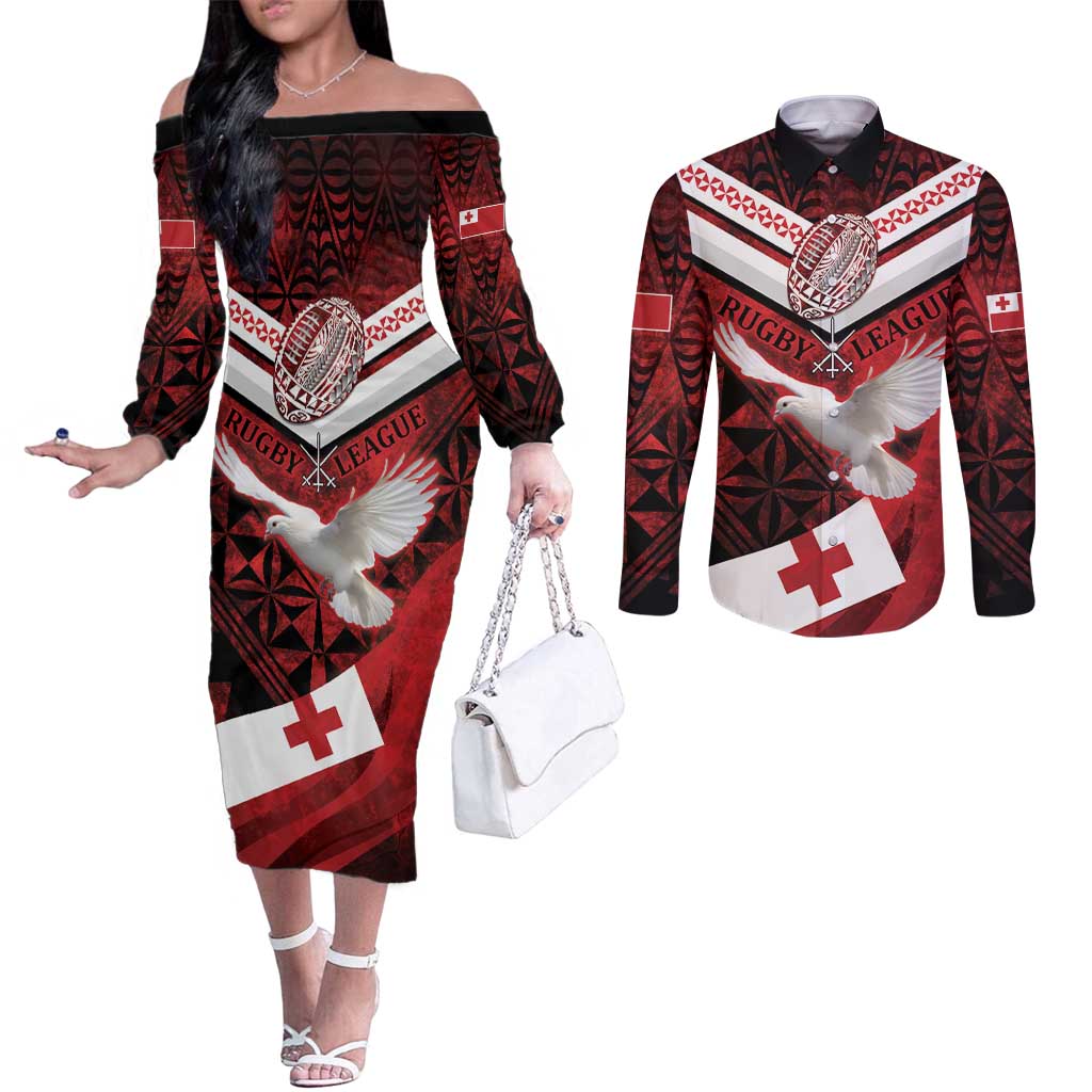 Custom Tonga XIII Rugby Tribal Tattoo Couples Matching Off The Shoulder Long Sleeve Dress and Long Sleeve Button Shirt Mate Ma'a Tonga Kupesi Ngatu Grunge Style