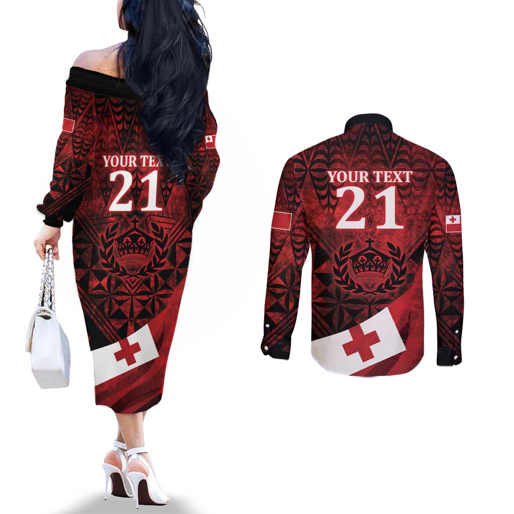 Custom Tonga XIII Rugby Tribal Tattoo Couples Matching Off The Shoulder Long Sleeve Dress and Long Sleeve Button Shirt Mate Ma'a Tonga Kupesi Ngatu Grunge Style