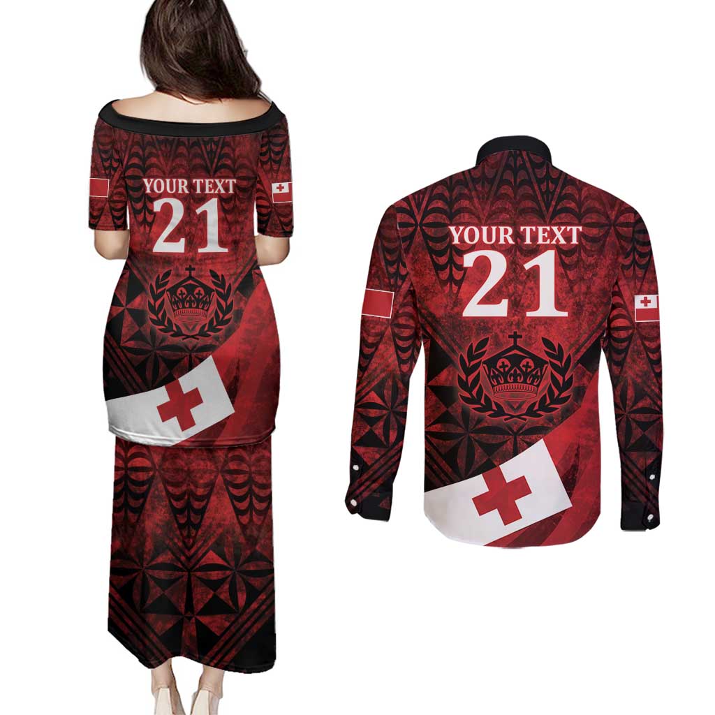 Custom Tonga XIII Rugby Tribal Tattoo Couples Matching Puletasi and Long Sleeve Button Shirt Mate Ma'a Tonga Kupesi Ngatu Grunge Style