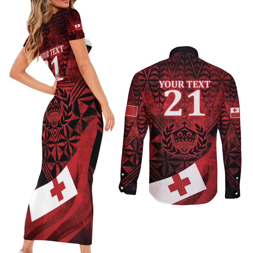 Custom Tonga XIII Rugby Tribal Tattoo Couples Matching Short Sleeve Bodycon Dress and Long Sleeve Button Shirt Mate Ma'a Tonga Kupesi Ngatu Grunge Style