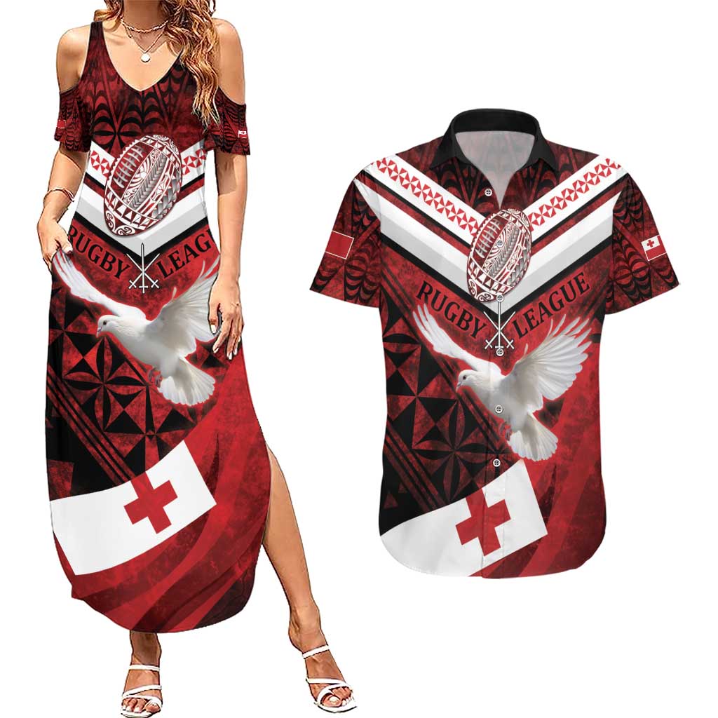 Custom Tonga XIII Rugby Tribal Tattoo Couples Matching Summer Maxi Dress and Hawaiian Shirt Mate Ma'a Tonga Kupesi Ngatu Grunge Style
