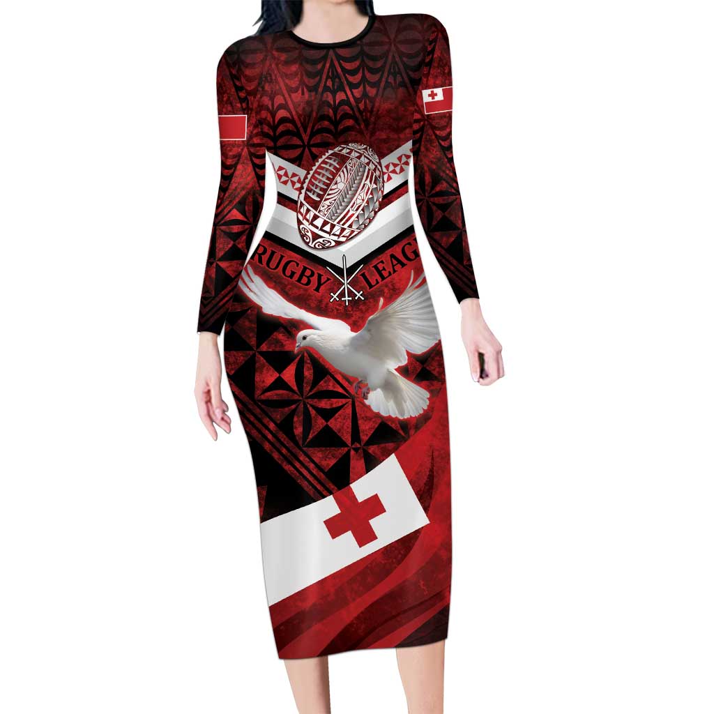 Custom Tonga XIII Rugby Tribal Tattoo Long Sleeve Bodycon Dress Mate Ma'a Tonga Kupesi Ngatu Grunge Style