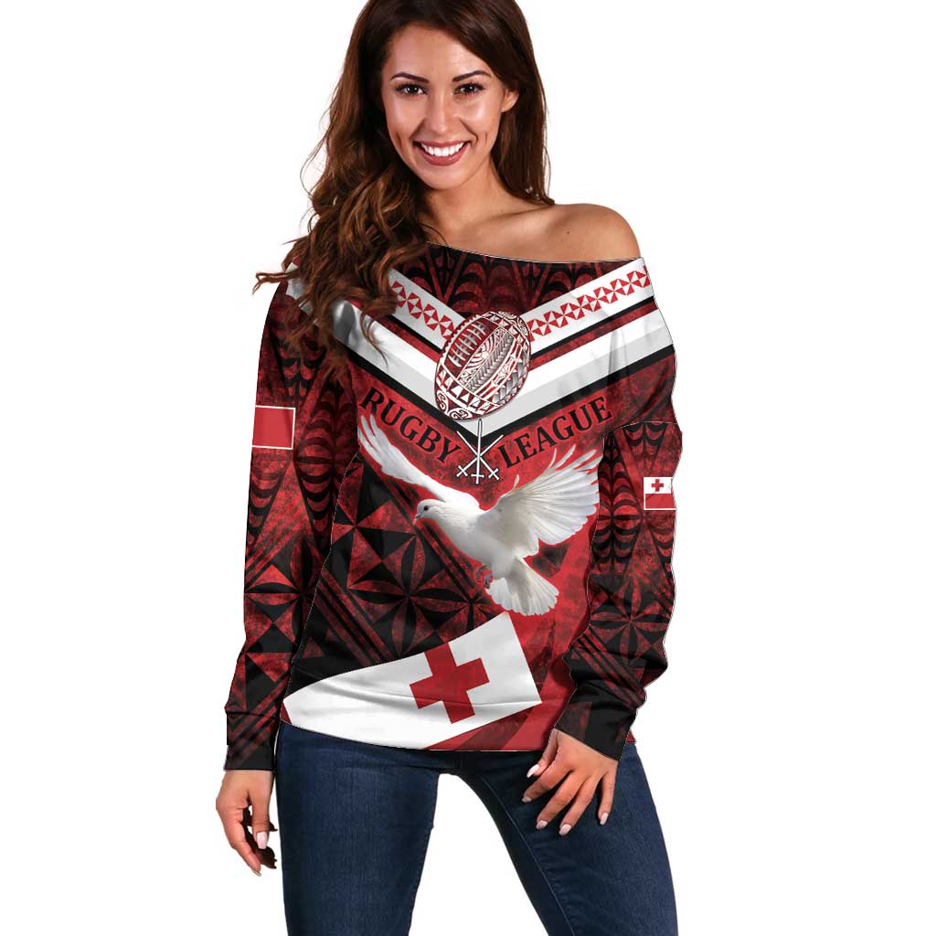 Custom Tonga XIII Rugby Tribal Tattoo Off Shoulder Sweater Mate Ma'a Tonga Kupesi Ngatu Grunge Style