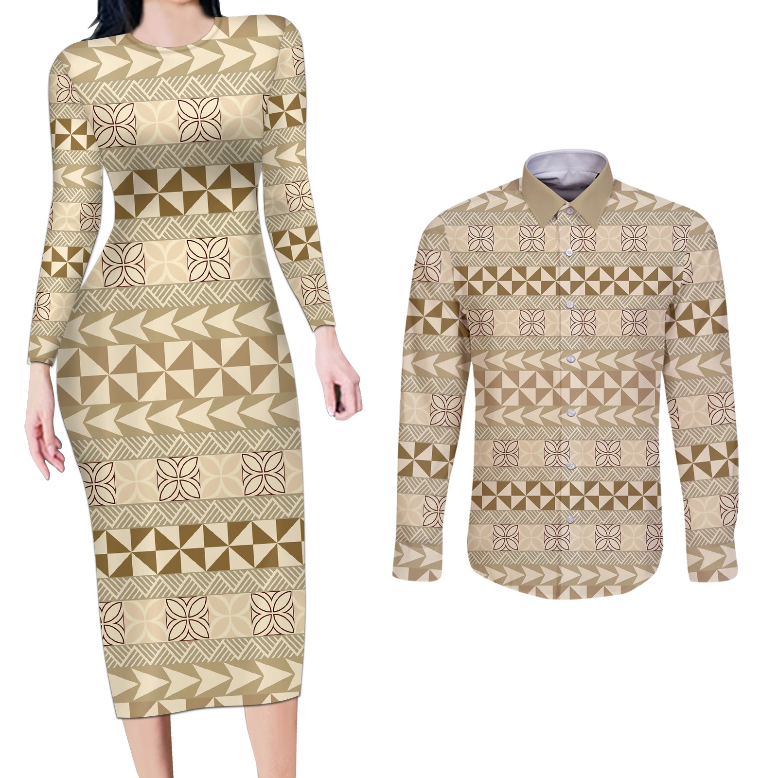 Pasifika Sataoa Pattern Simple Motif Couples Matching Long Sleeve Bodycon Dress and Long Sleeve Button Shirt Beige Tan LT9 Beige Tan - Polynesian Pride