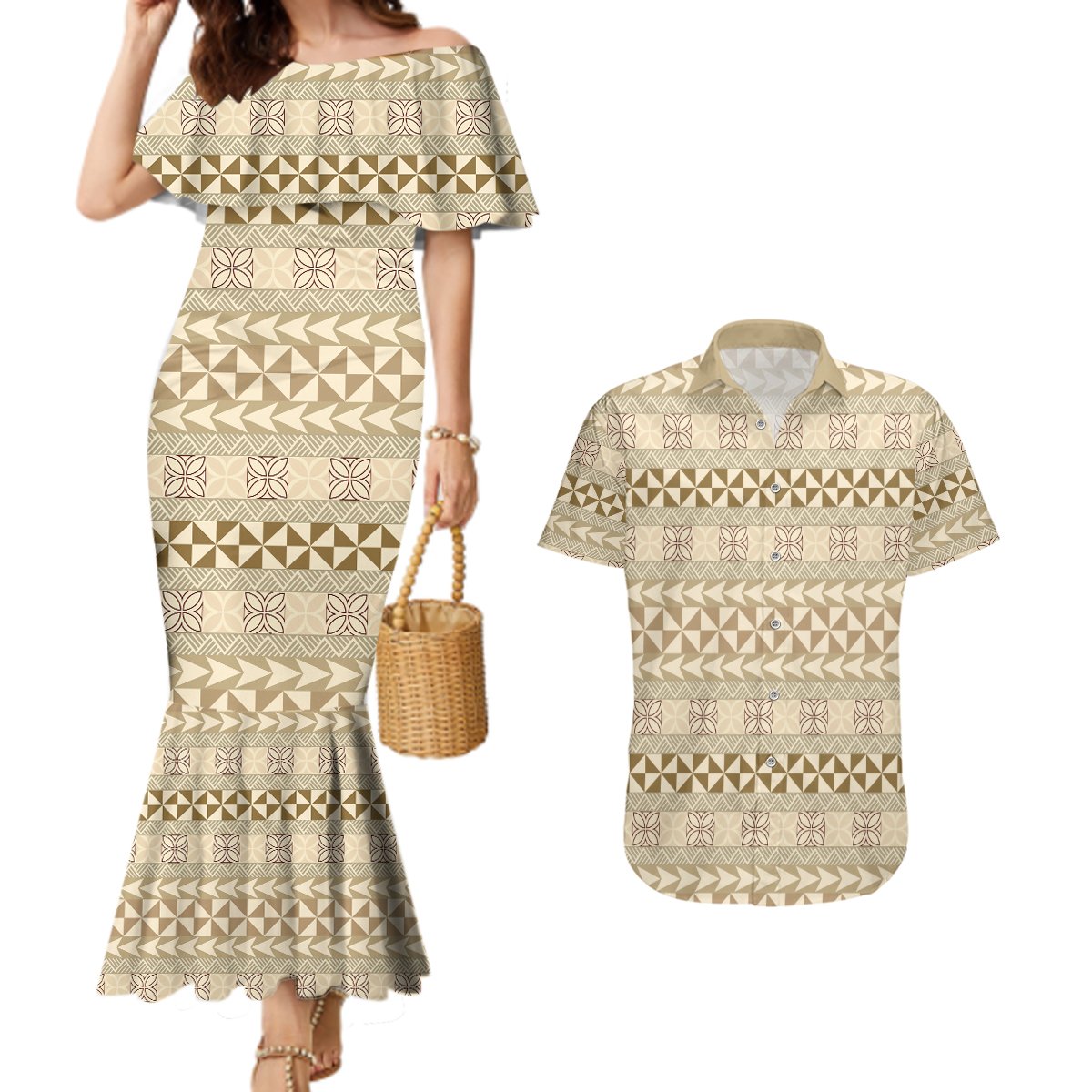 Pasifika Sataoa Pattern Simple Motif Couples Matching Mermaid Dress and Hawaiian Shirt Beige Tan LT9 Beige Tan - Polynesian Pride