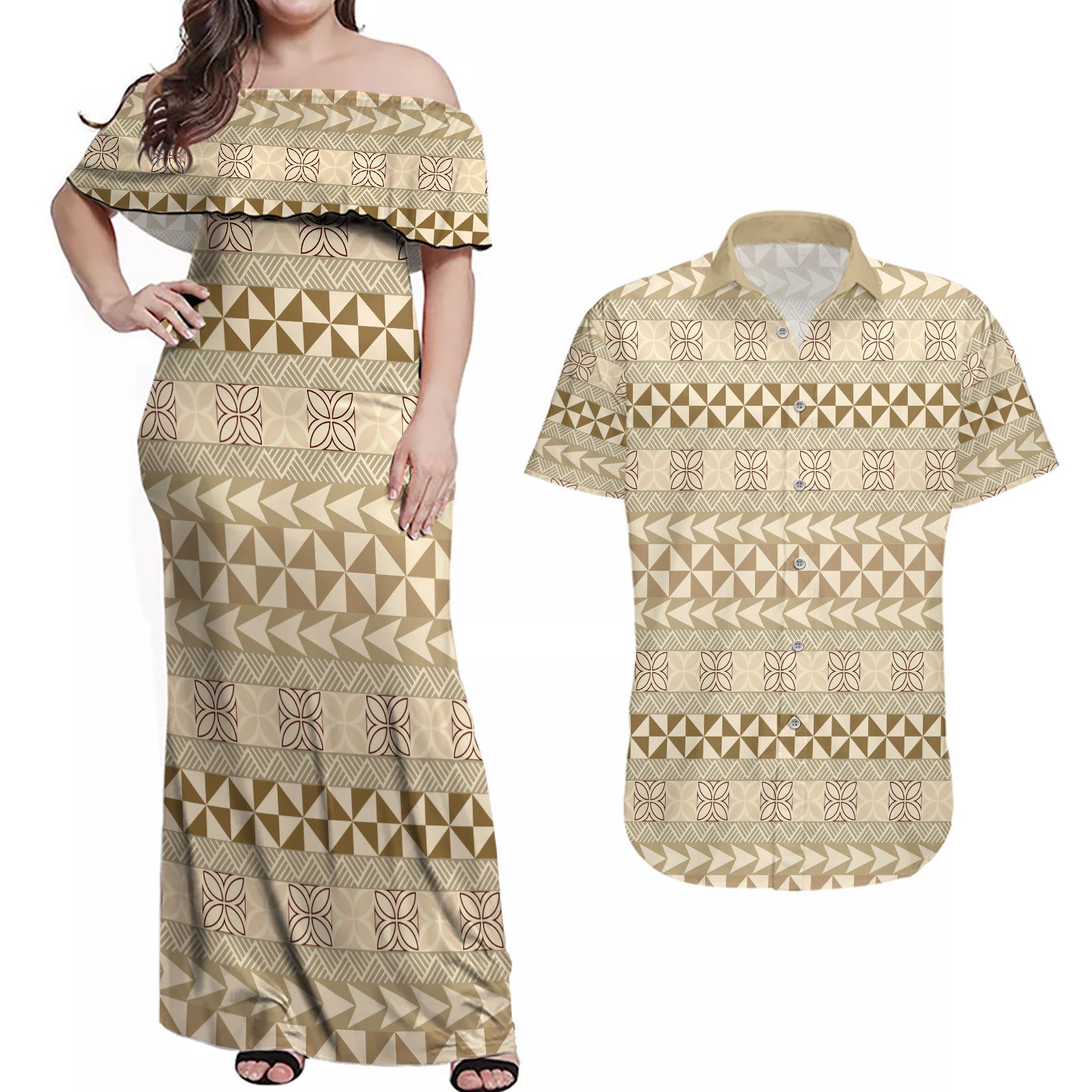 Pasifika Sataoa Pattern Simple Motif Couples Matching Off Shoulder Maxi Dress and Hawaiian Shirt Beige Tan LT9 Beige Tan - Polynesian Pride