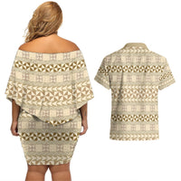 Pasifika Sataoa Pattern Simple Motif Couples Matching Off Shoulder Short Dress and Hawaiian Shirt Beige Tan LT9 - Polynesian Pride