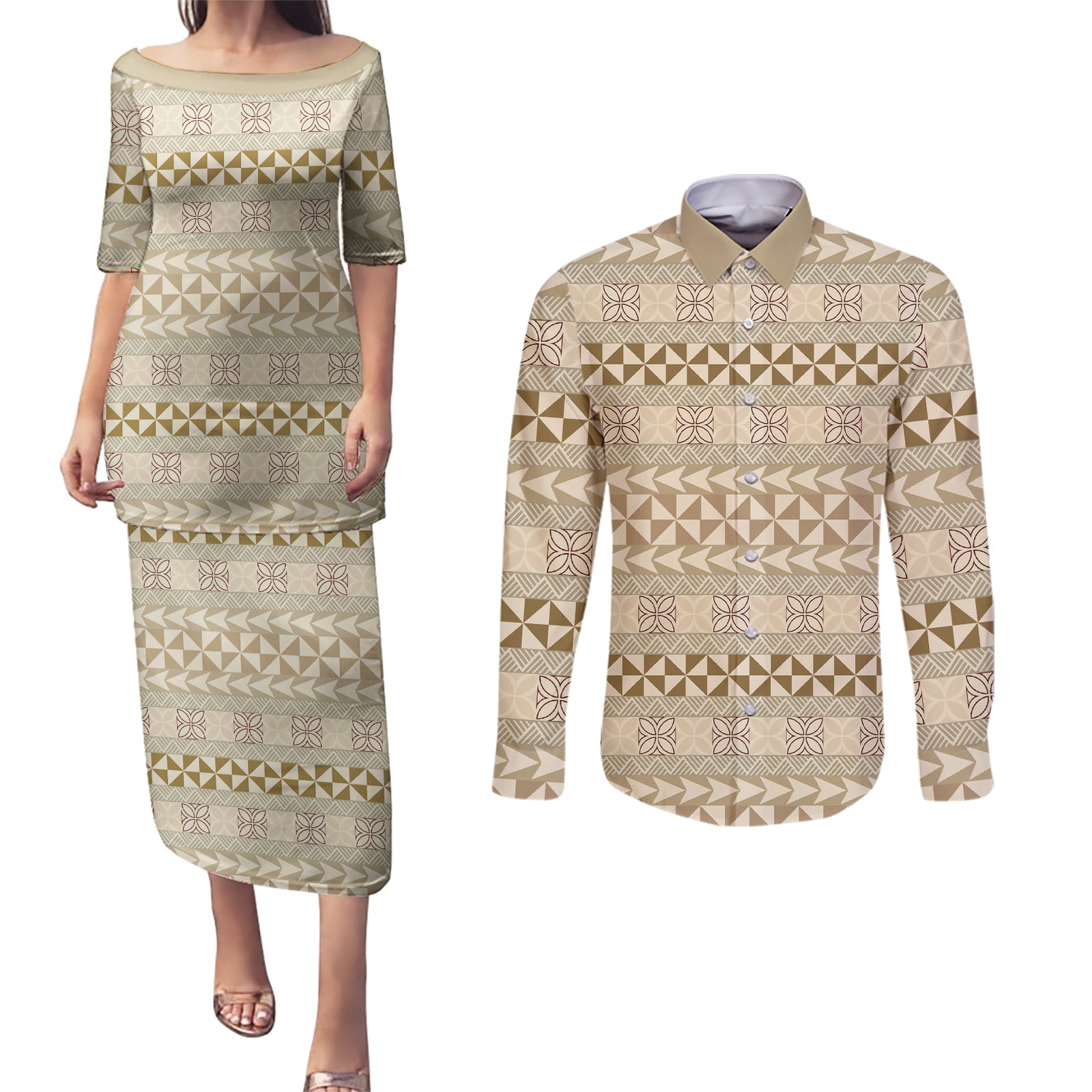 Pasifika Sataoa Pattern Simple Motif Couples Matching Puletasi and Long Sleeve Button Shirt Beige Tan LT9 Beige Tan - Polynesian Pride