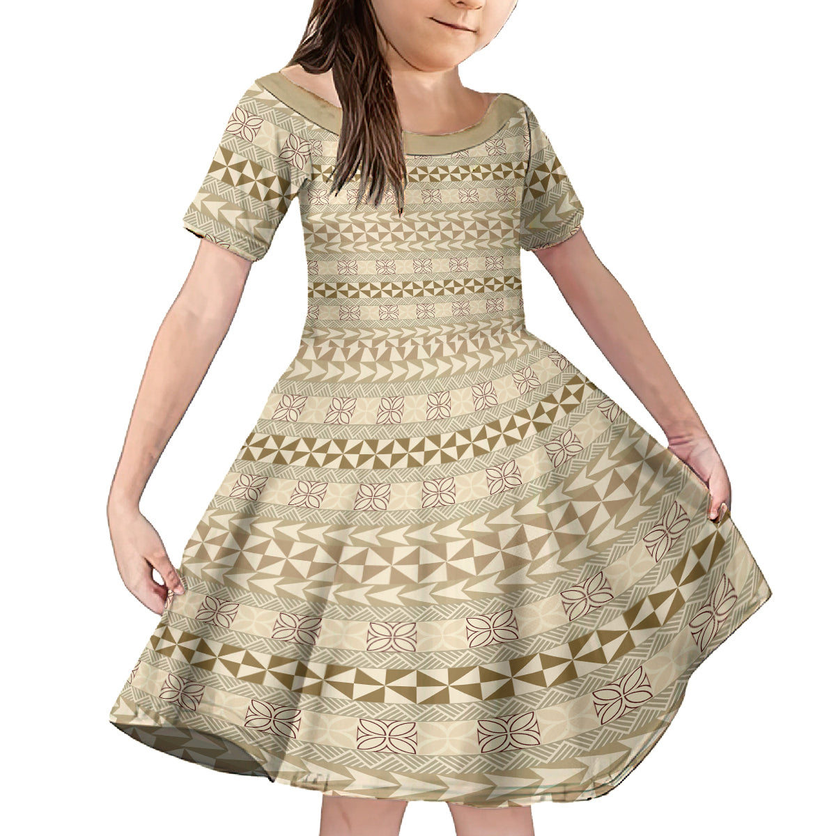 Pasifika Sataoa Pattern Simple Motif Family Matching Puletasi and Hawaiian Shirt Beige Tan LT9 Daughter's Dress Beige Tan - Polynesian Pride
