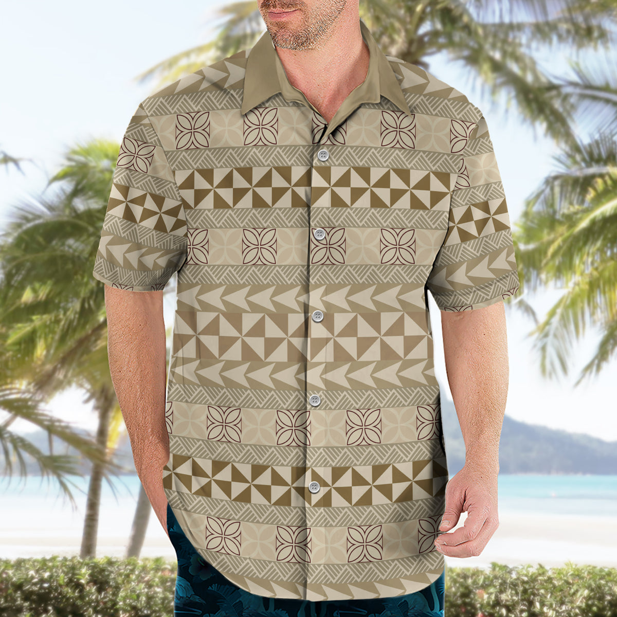 Pasifika Sataoa Pattern Simple Motif Hawaiian Shirt Beige Tan LT9 - Polynesian Pride