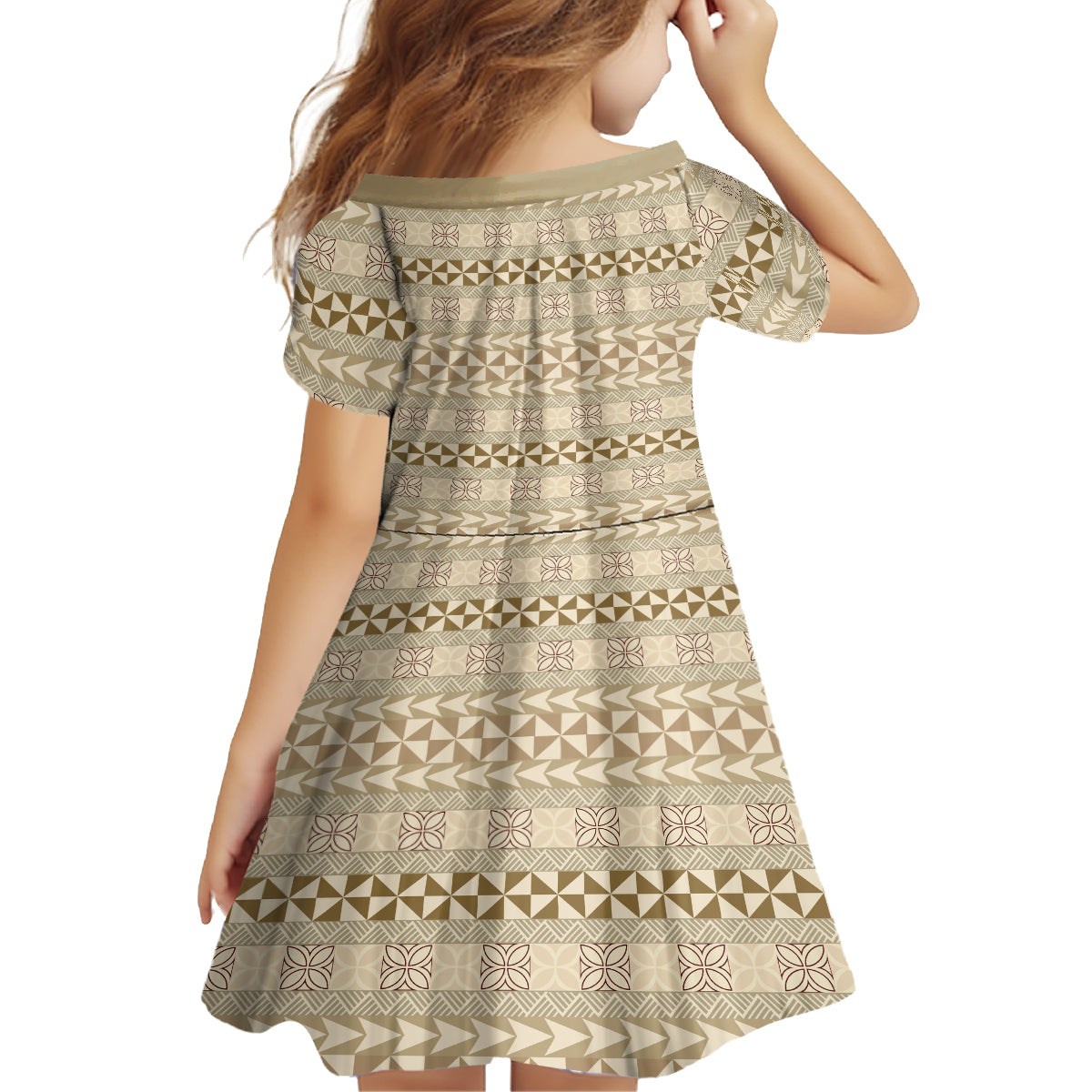 Pasifika Sataoa Pattern Simple Motif Kid Short Sleeve Dress Beige Tan LT9 - Polynesian Pride