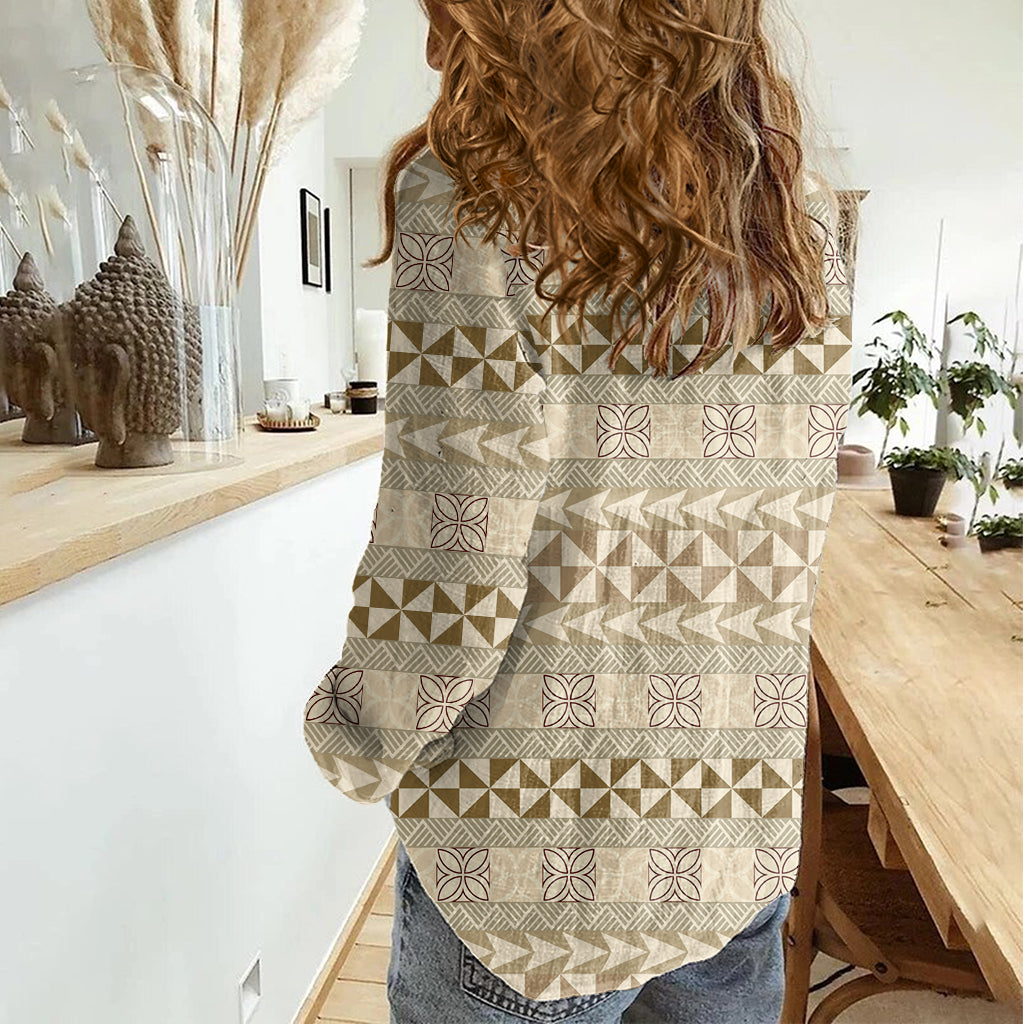 Pasifika Sataoa Pattern Simple Motif Women Casual Shirt Beige Tan LT9 - Polynesian Pride