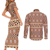 Pasifika Sataoa Pattern Simple Motif Couples Matching Short Sleeve Bodycon Dress and Long Sleeve Button Shirt Brown Beige Tan LT9 - Polynesian Pride