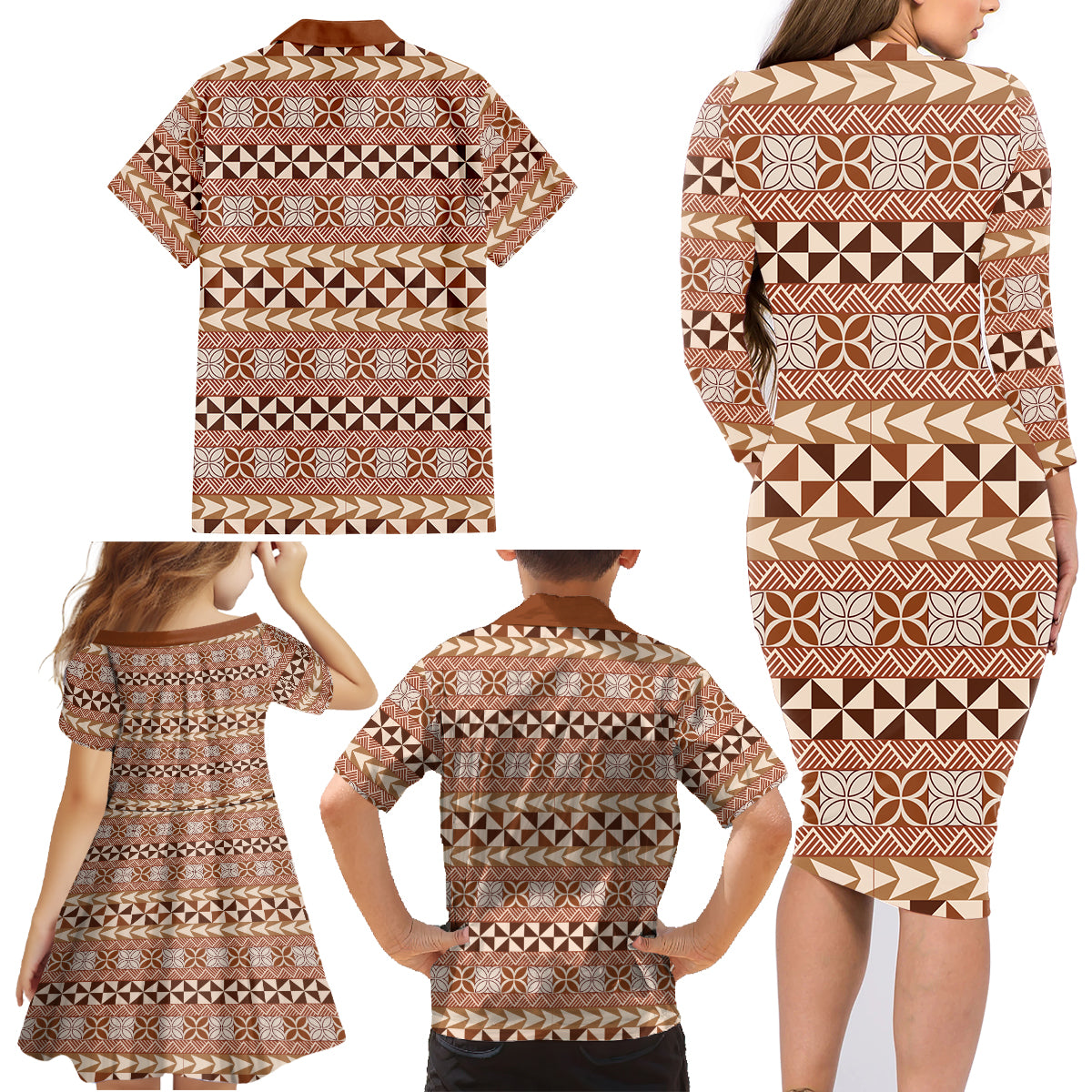 Pasifika Sataoa Pattern Simple Motif Family Matching Long Sleeve Bodycon Dress and Hawaiian Shirt Brown Beige Tan LT9 - Polynesian Pride