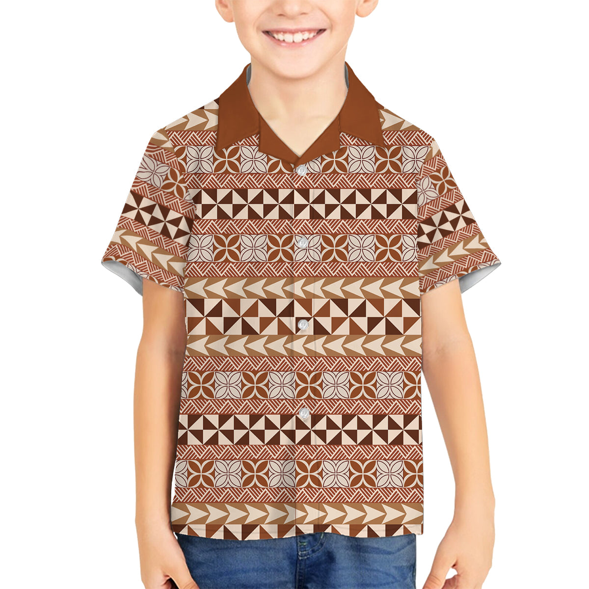 Pasifika Sataoa Pattern Simple Motif Family Matching Long Sleeve Bodycon Dress and Hawaiian Shirt Brown Beige Tan LT9 Son's Shirt Brown - Polynesian Pride