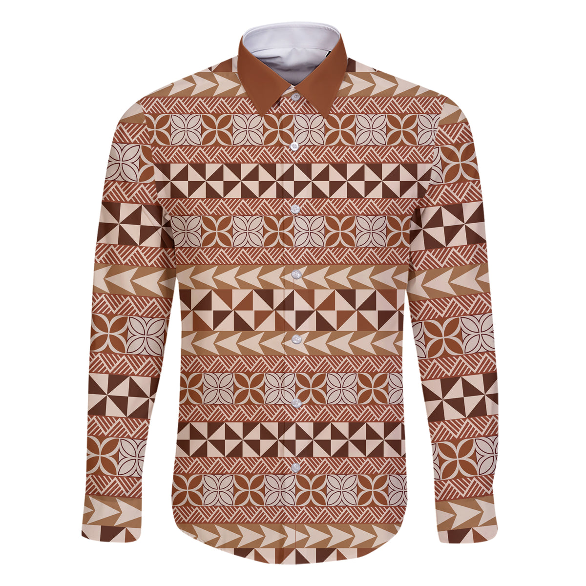 Pasifika Sataoa Pattern Simple Motif Family Matching Short Sleeve Bodycon Dress and Hawaiian Shirt Brown Beige Tan LT9 Dad's Shirt - Long Sleeve Brown - Polynesian Pride