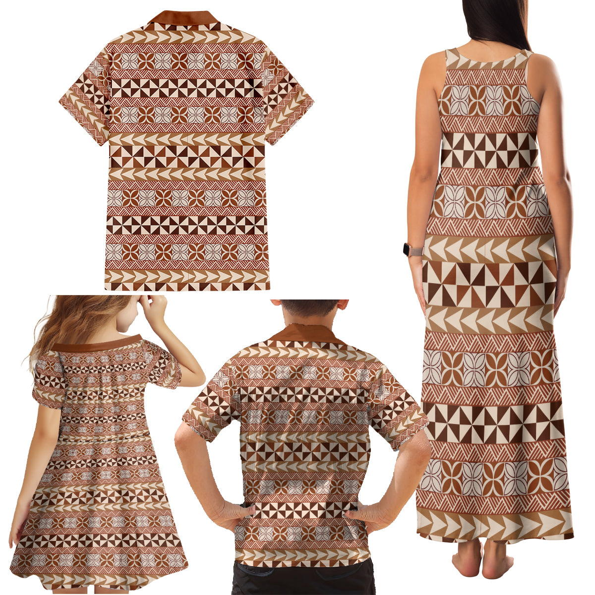 Pasifika Sataoa Pattern Simple Motif Family Matching Tank Maxi Dress and Hawaiian Shirt Brown Beige Tan LT9 - Polynesian Pride