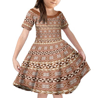 Pasifika Sataoa Pattern Simple Motif Kid Short Sleeve Dress Brown Beige Tan LT9 KID Brown - Polynesian Pride