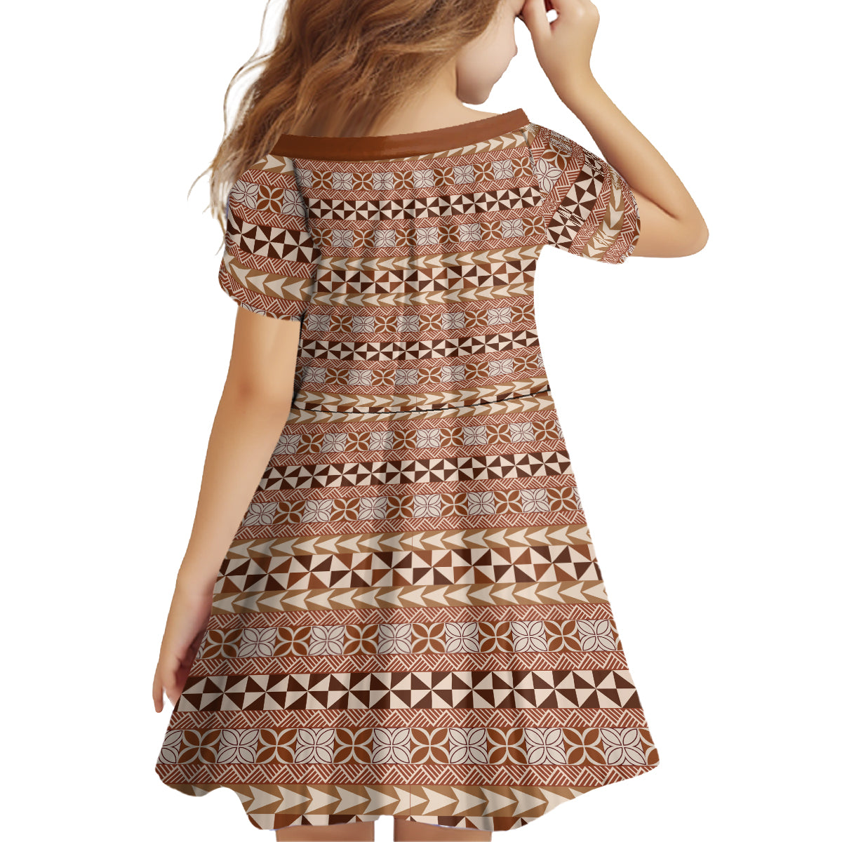 Pasifika Sataoa Pattern Simple Motif Kid Short Sleeve Dress Brown Beige Tan LT9 - Polynesian Pride