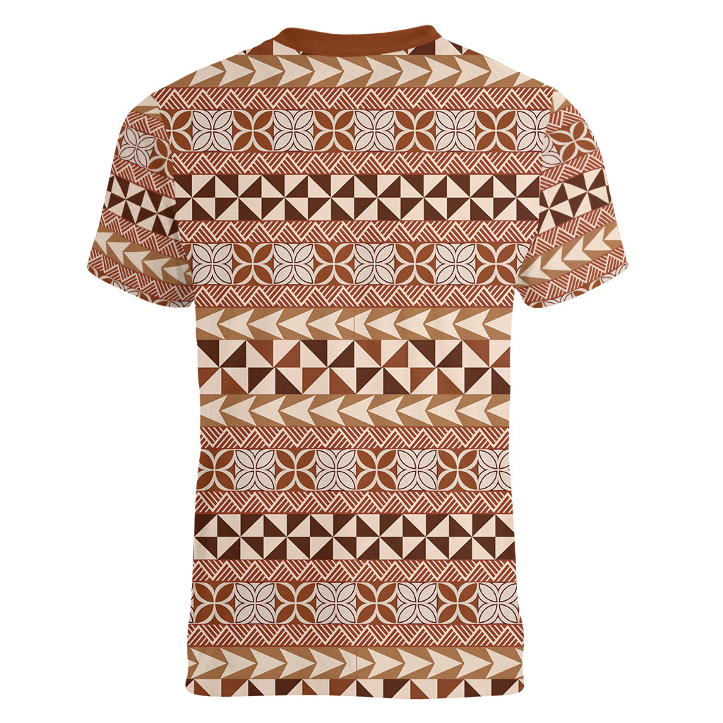 Pasifika Sataoa Pattern Simple Motif Women V Neck T Shirt Brown Beige Tan LT9 - Polynesian Pride