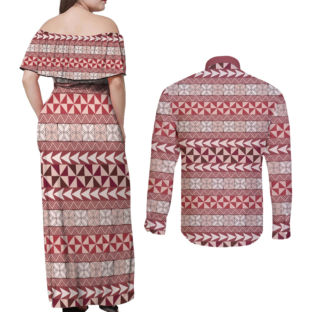 Pasifika Sataoa Pattern Simple Motif Couples Matching Off Shoulder Maxi Dress and Long Sleeve Button Shirt Cherry LT9 - Polynesian Pride
