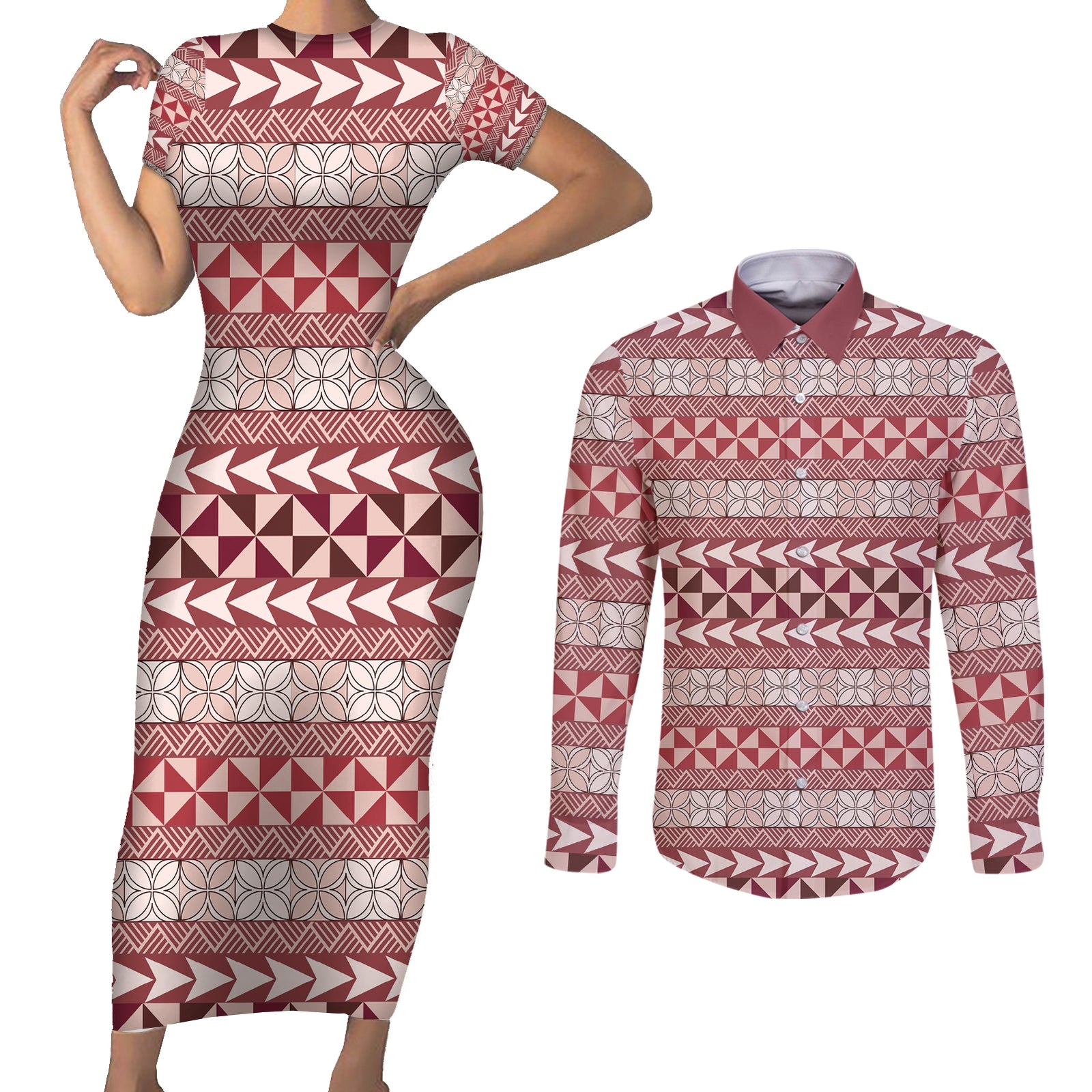 Pasifika Sataoa Pattern Simple Motif Couples Matching Short Sleeve Bodycon Dress and Long Sleeve Button Shirt Cherry LT9 Cherry - Polynesian Pride