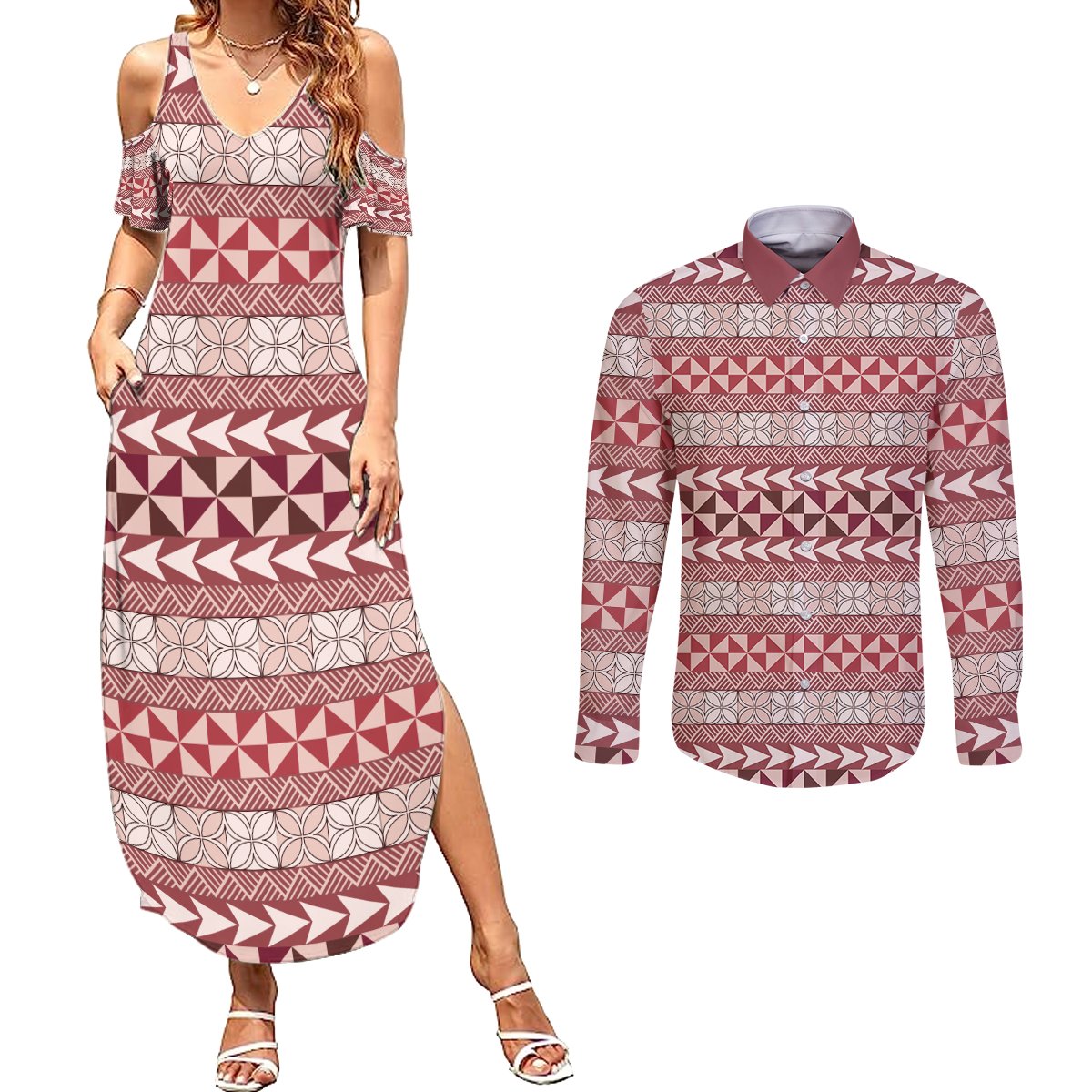 Pasifika Sataoa Pattern Simple Motif Couples Matching Summer Maxi Dress and Long Sleeve Button Shirt Cherry LT9 Cherry - Polynesian Pride