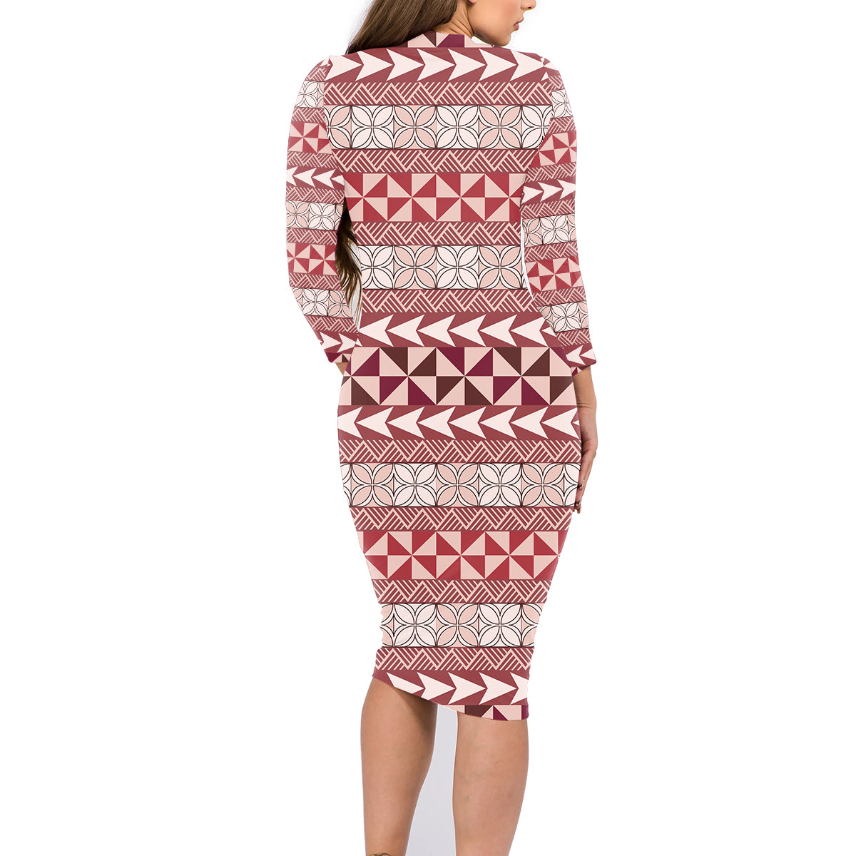 Pasifika Sataoa Pattern Simple Motif Family Matching Long Sleeve Bodycon Dress and Hawaiian Shirt Cherry LT9 - Polynesian Pride
