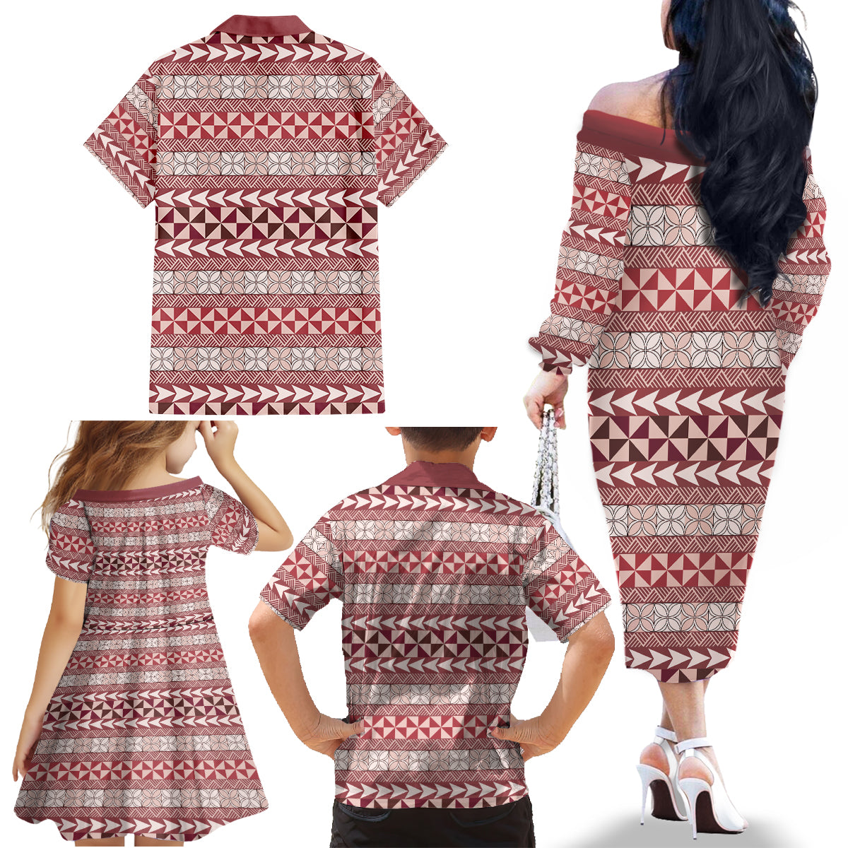 Pasifika Sataoa Pattern Simple Motif Family Matching Off Shoulder Long Sleeve Dress and Hawaiian Shirt Cherry LT9 - Polynesian Pride