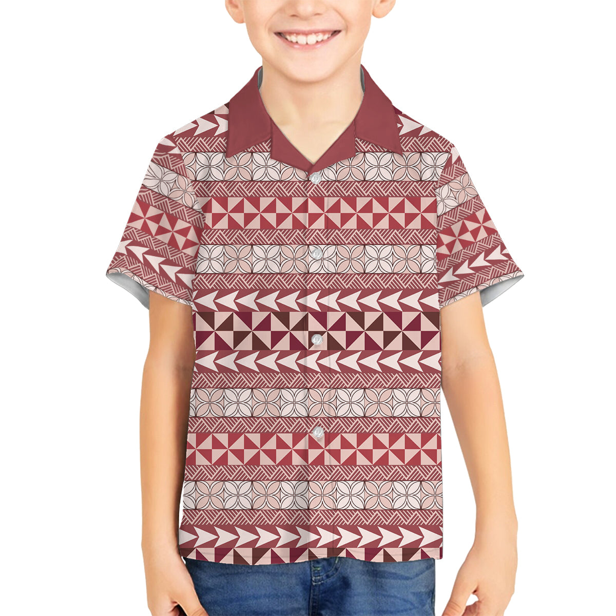 Pasifika Sataoa Pattern Simple Motif Family Matching Tank Maxi Dress and Hawaiian Shirt Cherry LT9 Son's Shirt Cherry - Polynesian Pride