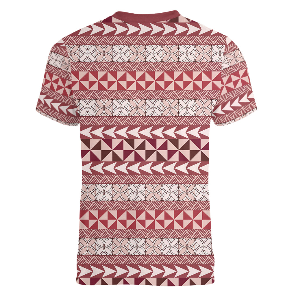 Pasifika Sataoa Pattern Simple Motif Women V Neck T Shirt Cherry LT9 - Polynesian Pride