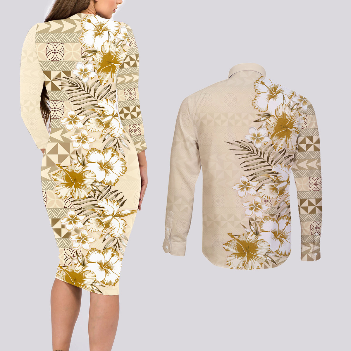Pasifika Sataoa Pattern Plumeria Vintage Couples Matching Long Sleeve Bodycon Dress and Long Sleeve Button Shirt Beige Tan LT9 - Polynesian Pride