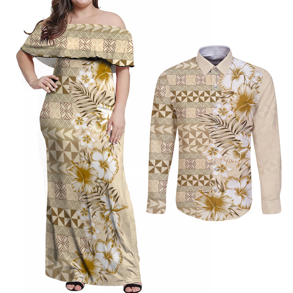 Pasifika Sataoa Pattern Plumeria Vintage Couples Matching Off Shoulder Maxi Dress and Long Sleeve Button Shirt Beige Tan LT9 Beige Tan - Polynesian Pride