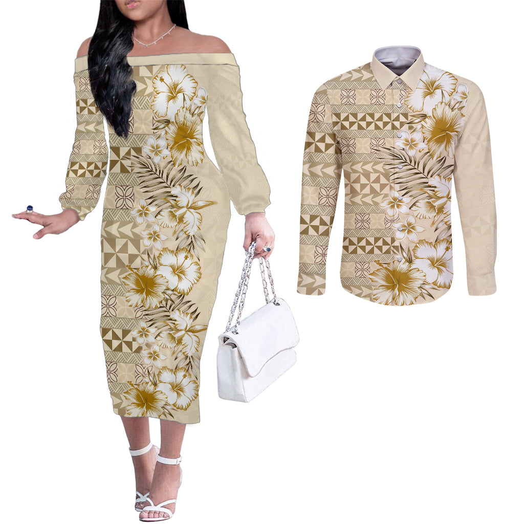 Pasifika Sataoa Pattern Plumeria Vintage Couples Matching Off The Shoulder Long Sleeve Dress and Long Sleeve Button Shirt Beige Tan LT9 Beige Tan - Polynesian Pride