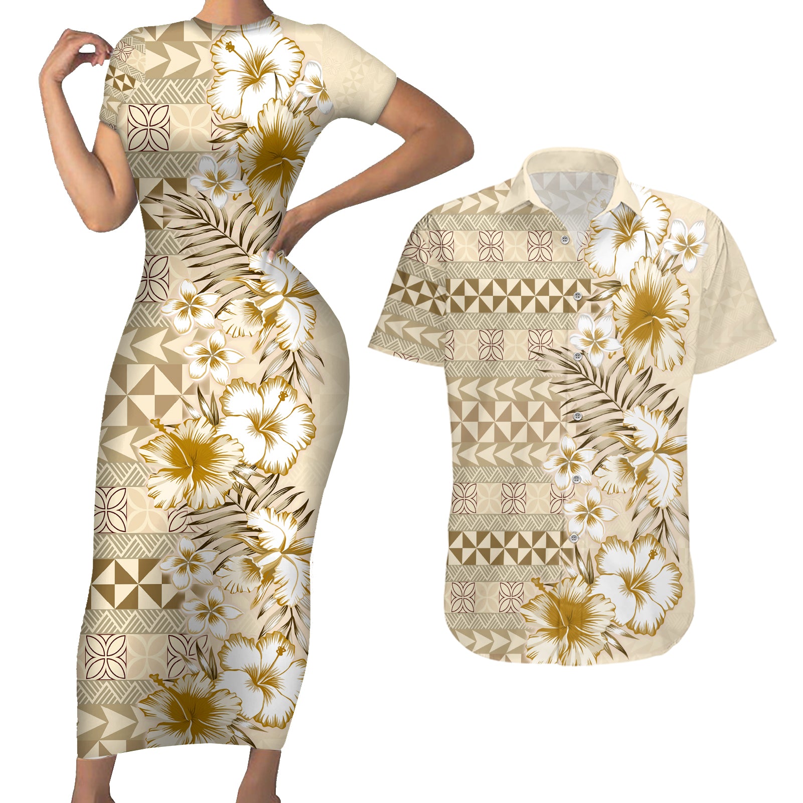 Pasifika Sataoa Pattern Plumeria Vintage Couples Matching Short Sleeve Bodycon Dress and Hawaiian Shirt Beige Tan LT9 Beige Tan - Polynesian Pride