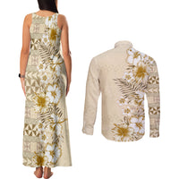 Pasifika Sataoa Pattern Plumeria Vintage Couples Matching Tank Maxi Dress and Long Sleeve Button Shirt Beige Tan LT9 - Polynesian Pride