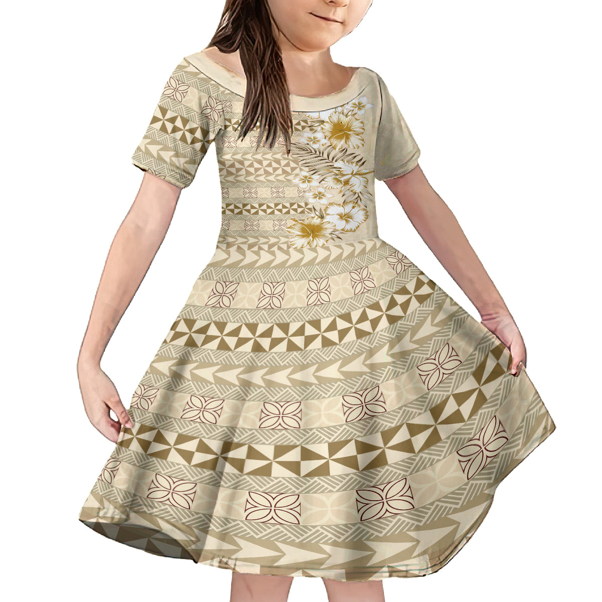 Pasifika Sataoa Pattern Plumeria Vintage Family Matching Off Shoulder Maxi Dress and Hawaiian Shirt Beige Tan LT9 Daughter's Dress Beige Tan - Polynesian Pride