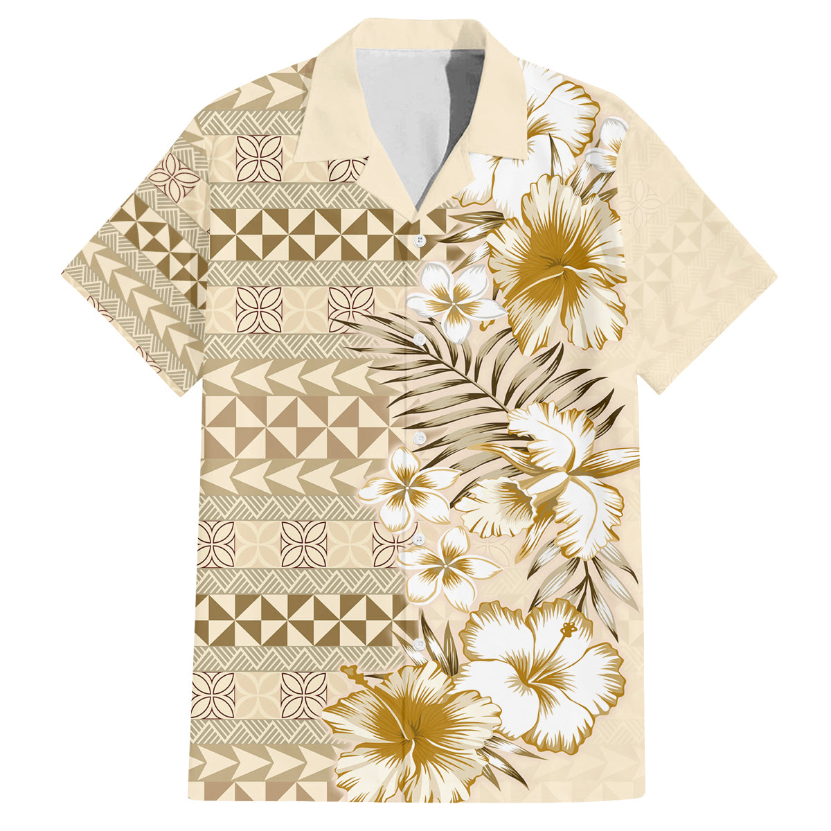 Pasifika Sataoa Pattern Plumeria Vintage Family Matching Puletasi and Hawaiian Shirt Beige Tan LT9 Dad's Shirt - Short Sleeve Beige Tan - Polynesian Pride